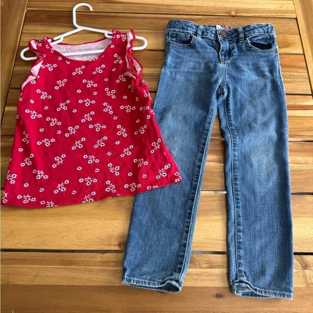 Girls Red Floral Tank Top and Blue Jeans Set